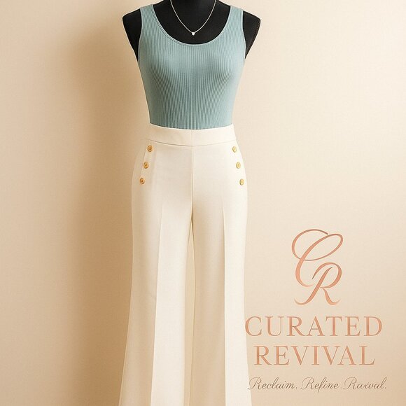 Ever New Wide-Leg White Pants w/ Gold Button Detail Size 4 | Curated Revival - Picture 3 of 3